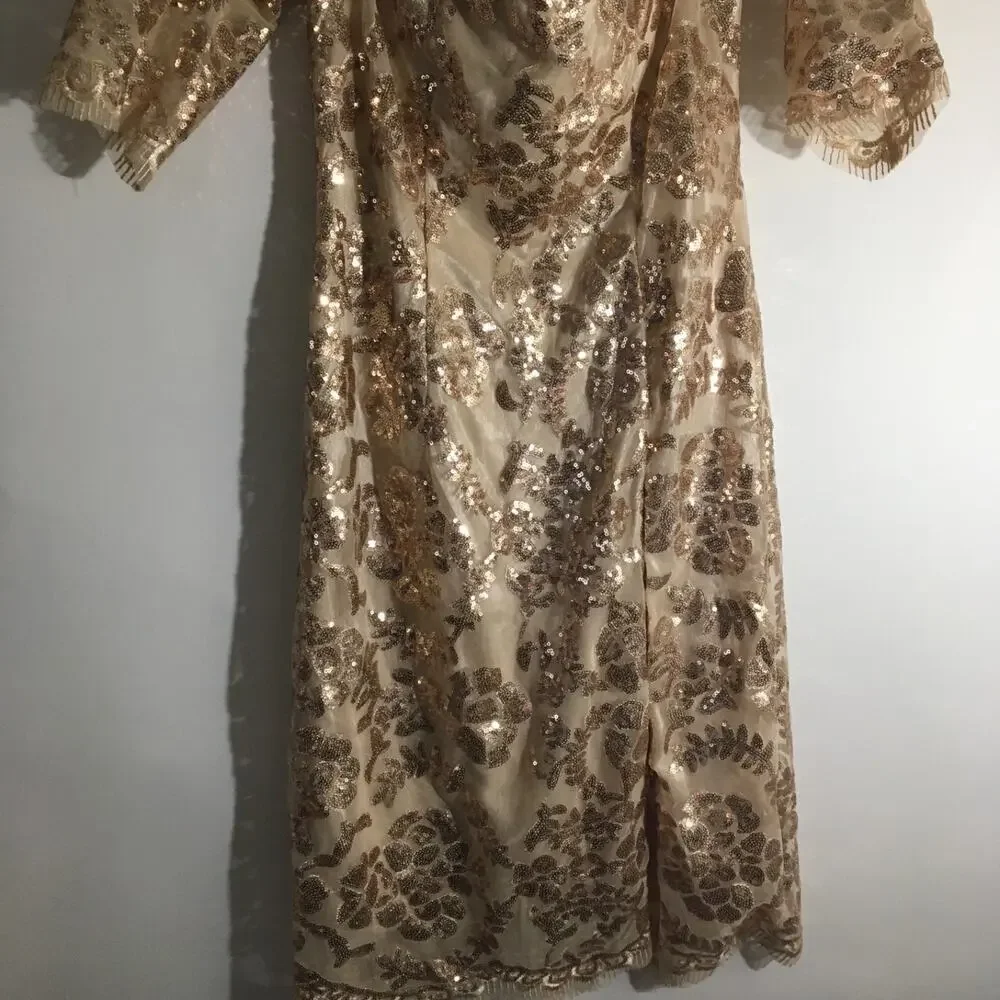 Neiman Marcus Women's Size Medium Beige Floral Sequin Square Neck Evening Dress - Picture 4 of 6